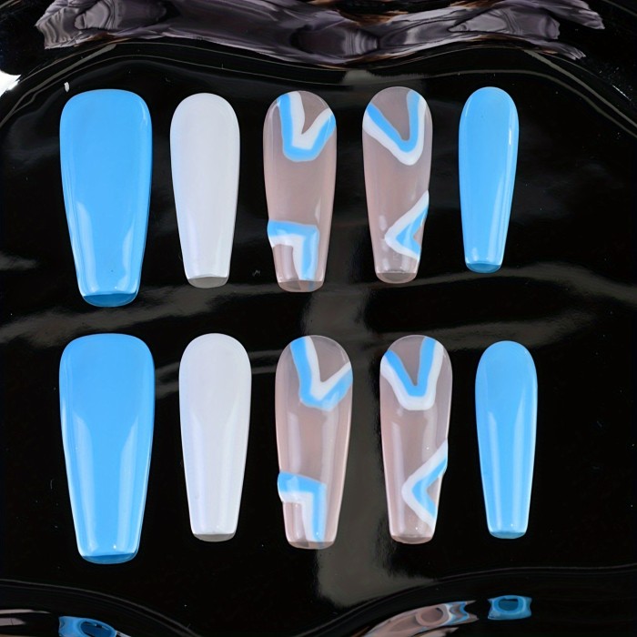 10pcs Long Ballet Press-On Nails, Glossy Blue Mixed Colorblock Design, Handmade False Nail Set for Parties & Styling - Pop Art Colorblock Pattern
