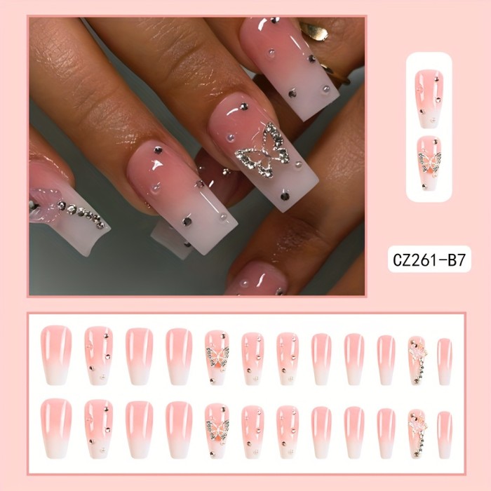 24 Pcs Shimmering Pink Gradient Coffin Nails - Elegant Butterfly Rhinestone Decor - Durable Reusable False Nails Set for Fashion-Forward Women