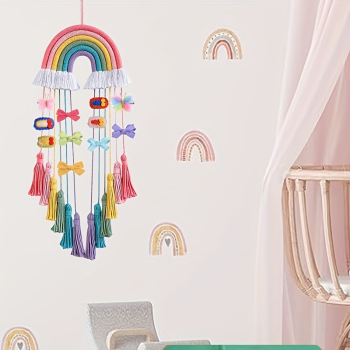 Handcrafted Rainbow Macrame Wall Hanging - Unique Bohemian Decor with Delicate Bow Hair Hoop Pendant and Playful Tassel