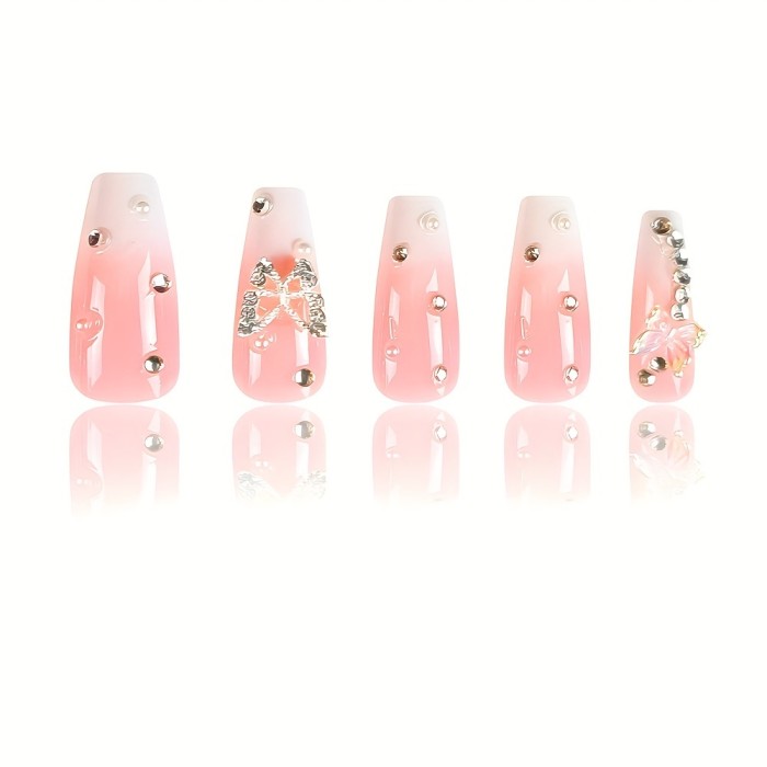 24 Pcs Shimmering Pink Gradient Coffin Nails - Elegant Butterfly Rhinestone Decor - Durable Reusable False Nails Set for Fashion-Forward Women