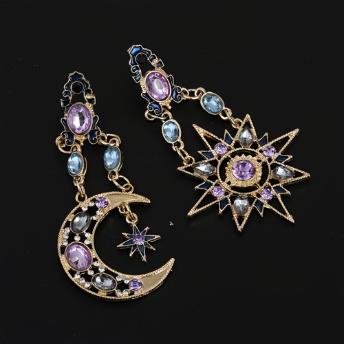 Glam Punk Boho Earrings - Sparkling Sun Moon Stars Design - Asymmetric Rhinestone Jewelry for Fashion-Forward Women - Golden Vintage Chic