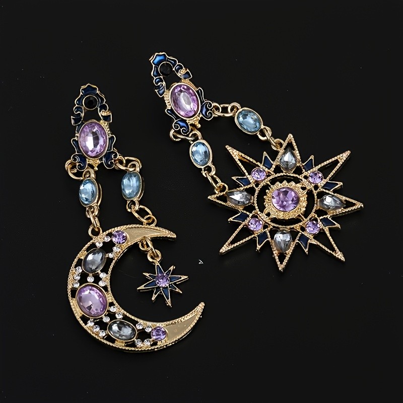 Glam Punk Boho Earrings - Sparkling Sun Moon Stars Design - Asymmetric Rhinestone Jewelry for Fashion-Forward Women - Golden Vintage Chic