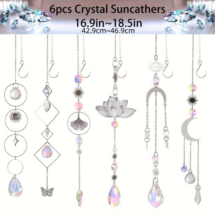 6-Piece Rainbow Prism Sun Catcher Set - Colorful Crystal with Silver Moon & Sun Designs - Window & Car Decor