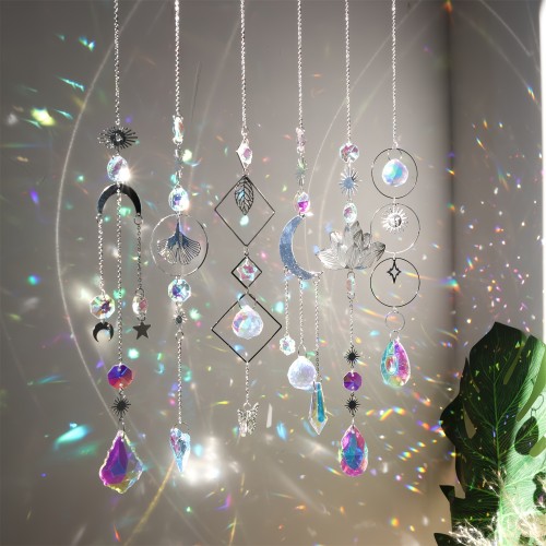 6-Piece Rainbow Prism Sun Catcher Set - Colorful Crystal with Silver Moon & Sun Designs - Window & Car Decor