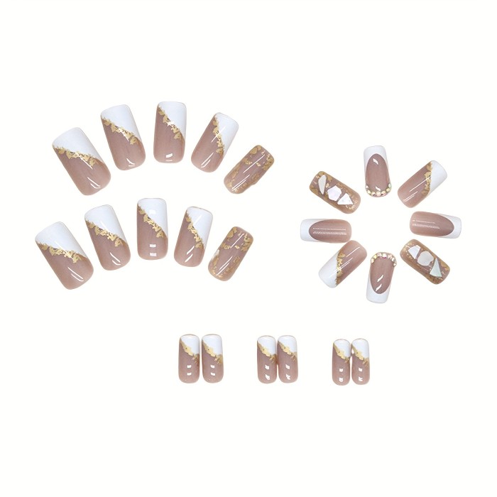 24Pcs Square Glam Nails - Medium Glitter Acrylic with Gold Foil Design