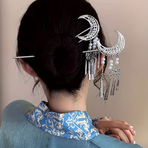 Boho-Chic Silver Crescent Moon Tassel Hair Stick With Faux Pearls - Elegant U-Shaped Hairpin For Women