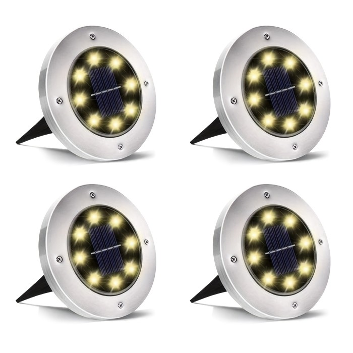 4\u002F8pcs Solar Powered LED Ground Spot Lights - Recessed Polished Stainless Steel Lamp with 8 LEDs, Detachable
