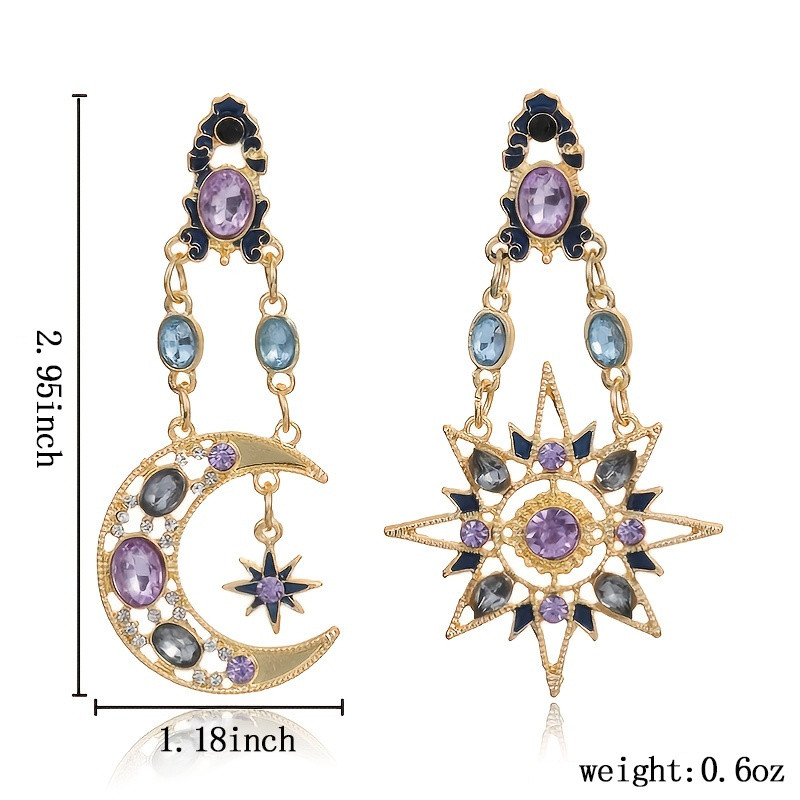 Glam Punk Boho Earrings - Sparkling Sun Moon Stars Design - Asymmetric Rhinestone Jewelry for Fashion-Forward Women - Golden Vintage Chic