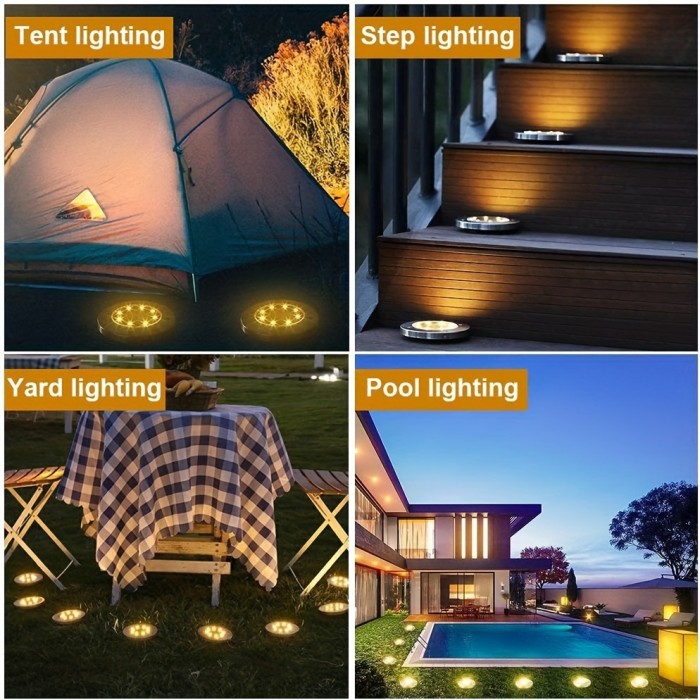 4\u002F8pcs Solar Powered LED Ground Spot Lights - Recessed Polished Stainless Steel Lamp with 8 LEDs, Detachable