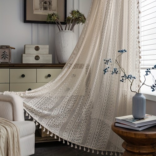 1-Panel Vintage Boho Sheer Curtain with Crochet Tassels - Cotton Drapes for Living Room, Bedroom - Chic Home Decor