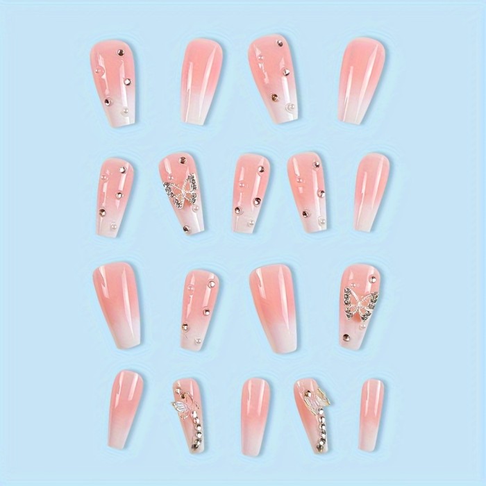 24 Pcs Shimmering Pink Gradient Coffin Nails - Elegant Butterfly Rhinestone Decor - Durable Reusable False Nails Set for Fashion-Forward Women