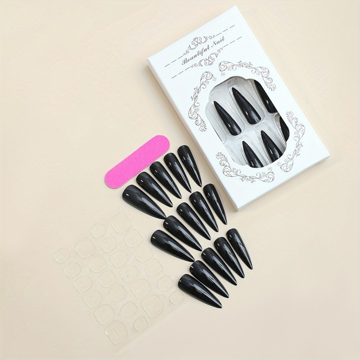 Black Pointed Tips False Nail Solid Color Simple Style Removable Artificial Nail