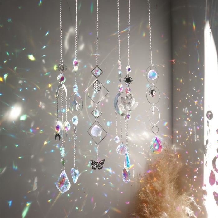 6-Piece Rainbow Prism Sun Catcher Set - Colorful Crystal with Silver Moon & Sun Designs - Window & Car Decor