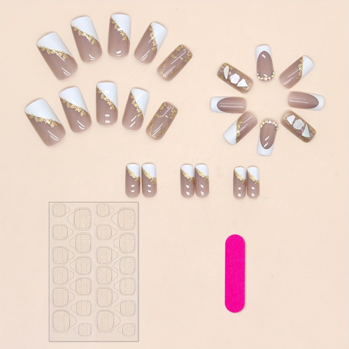 24Pcs Square Glam Nails - Medium Glitter Acrylic with Gold Foil Design