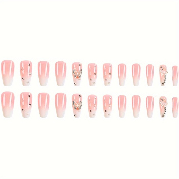 24 Pcs Shimmering Pink Gradient Coffin Nails - Elegant Butterfly Rhinestone Decor - Durable Reusable False Nails Set for Fashion-Forward Women