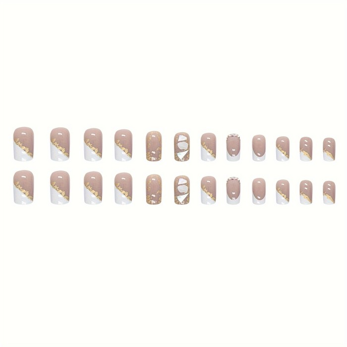 24Pcs Square Glam Nails - Medium Glitter Acrylic with Gold Foil Design