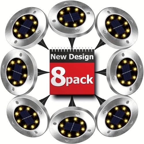 4\u002F8pcs Solar Powered LED Ground Spot Lights - Recessed Polished Stainless Steel Lamp with 8 LEDs, Detachable