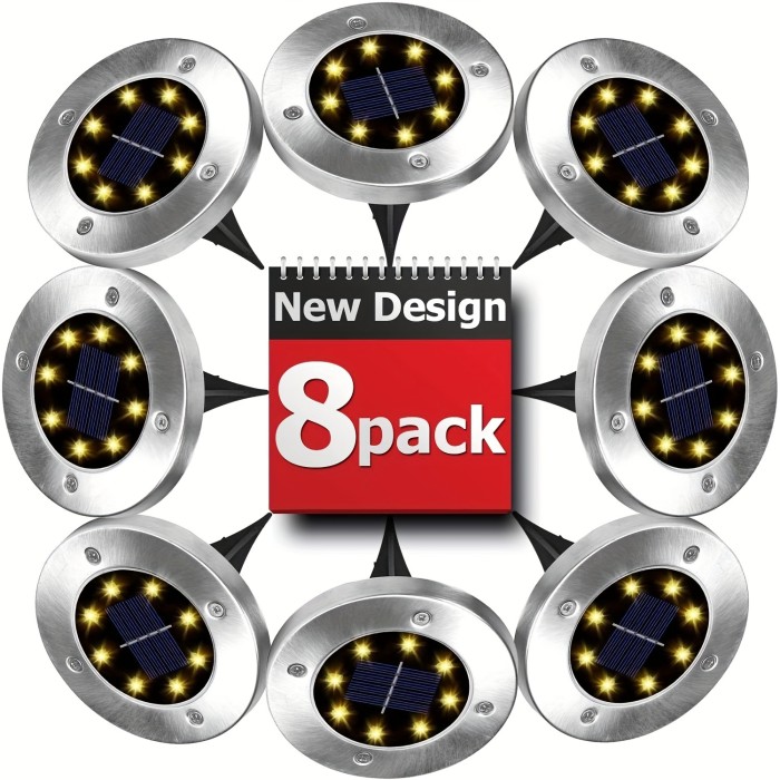 4\u002F8pcs Solar Powered LED Ground Spot Lights - Recessed Polished Stainless Steel Lamp with 8 LEDs, Detachable