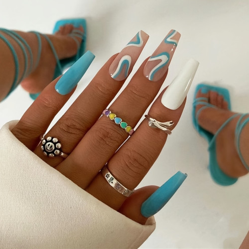10pcs Long Ballet Press-On Nails, Glossy Blue Mixed Colorblock Design, Handmade False Nail Set for Parties & Styling - Pop Art Colorblock Pattern