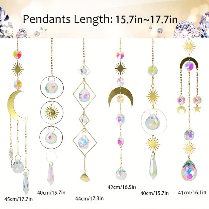 6pcs Vibrant Crystal Suncatchers - Chandelier Effect Pendant Ornaments