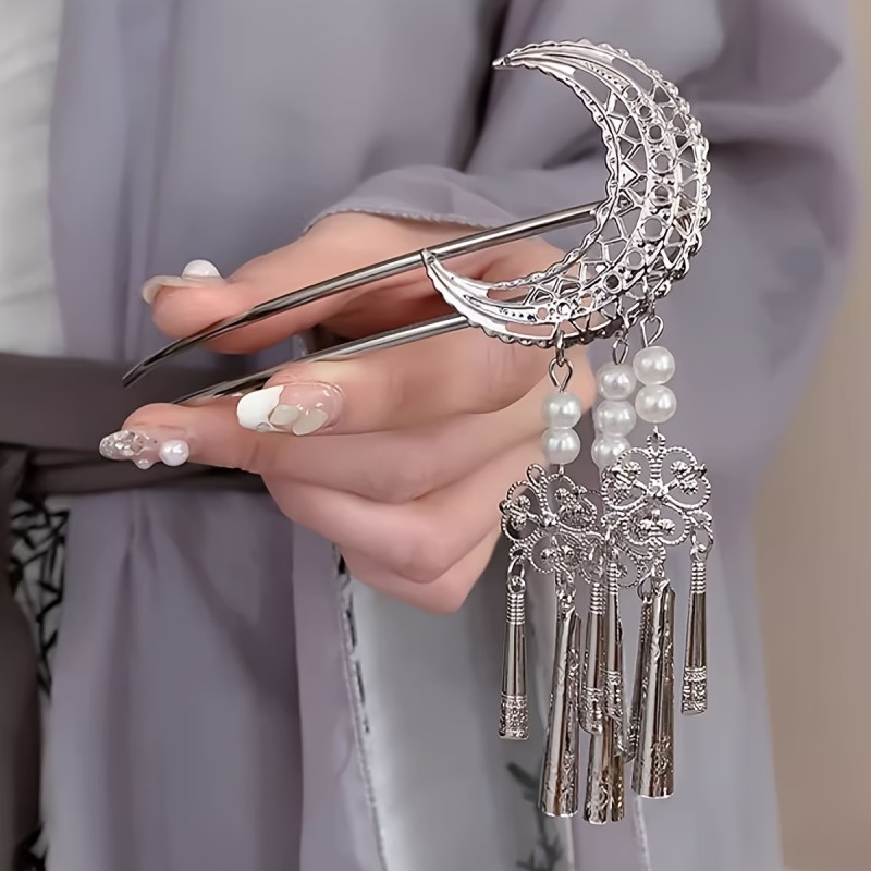 Boho-Chic Silver Crescent Moon Tassel Hair Stick With Faux Pearls - Elegant U-Shaped Hairpin For Women