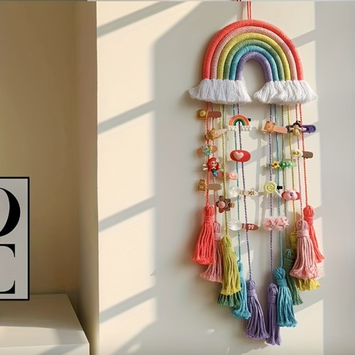 Handcrafted Rainbow Macrame Wall Hanging - Unique Bohemian Decor with Delicate Bow Hair Hoop Pendant and Playful Tassel