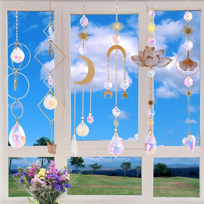 6-Piece Rainbow Prism Sun Catcher Set - Colorful Crystal with Silver Moon & Sun Designs - Window & Car Decor