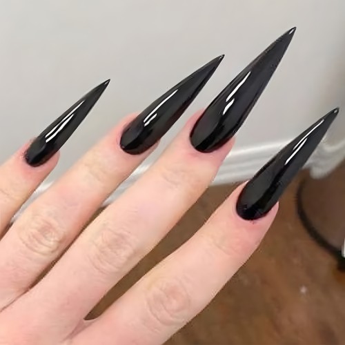 Black Pointed Tips False Nail Solid Color Simple Style Removable Artificial Nail