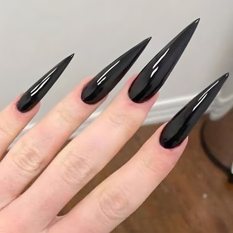 Black Pointed Tips False Nail Solid Color Simple Style Removable Artificial Nail