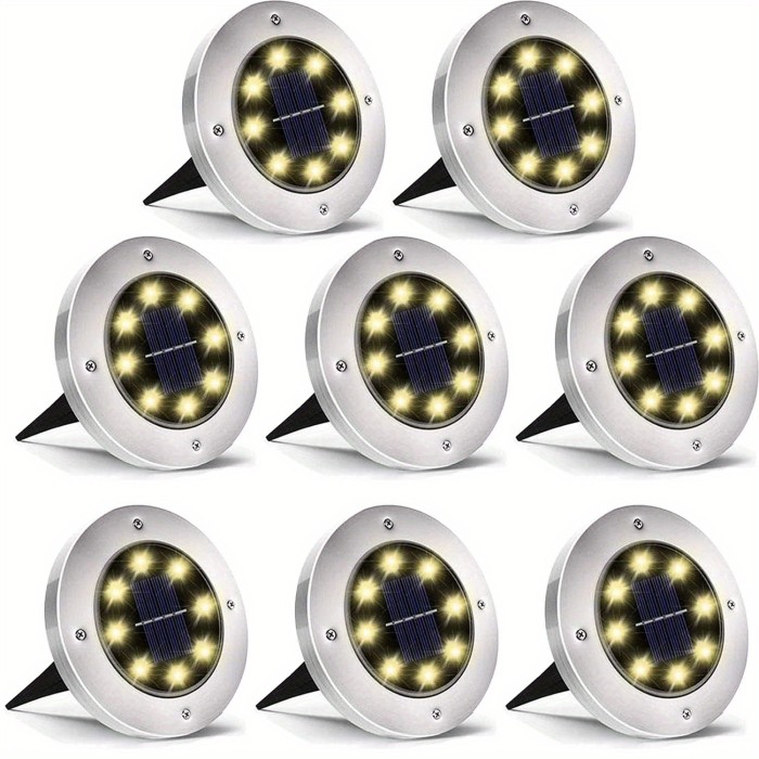 4\u002F8pcs Solar Powered LED Ground Spot Lights - Recessed Polished Stainless Steel Lamp with 8 LEDs, Detachable