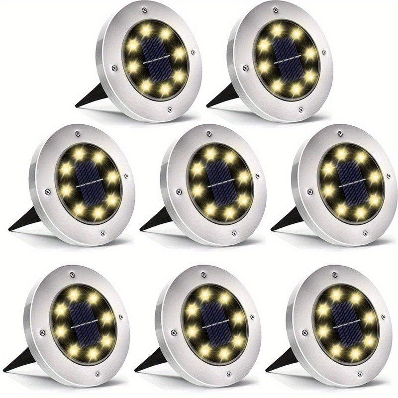 4\u002F8pcs Solar Powered LED Ground Spot Lights - Recessed Polished Stainless Steel Lamp with 8 LEDs, Detachable