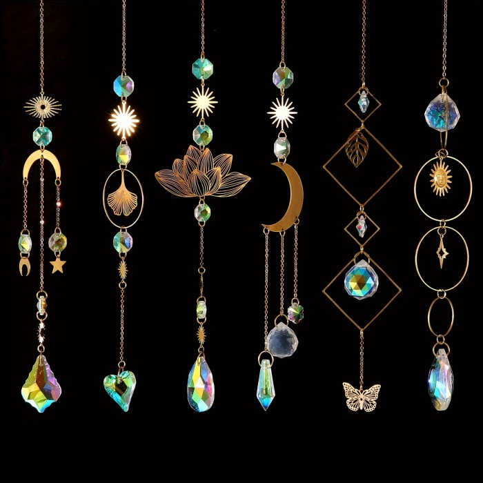 6-Piece Rainbow Prism Sun Catcher Set - Colorful Crystal with Silver Moon & Sun Designs - Window & Car Decor