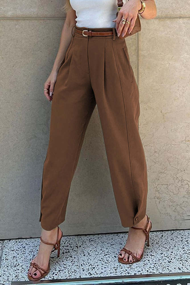 Casual Daily Solid Color Pocket With Belt Loose High Waist Harlan Solid Color Bottoms