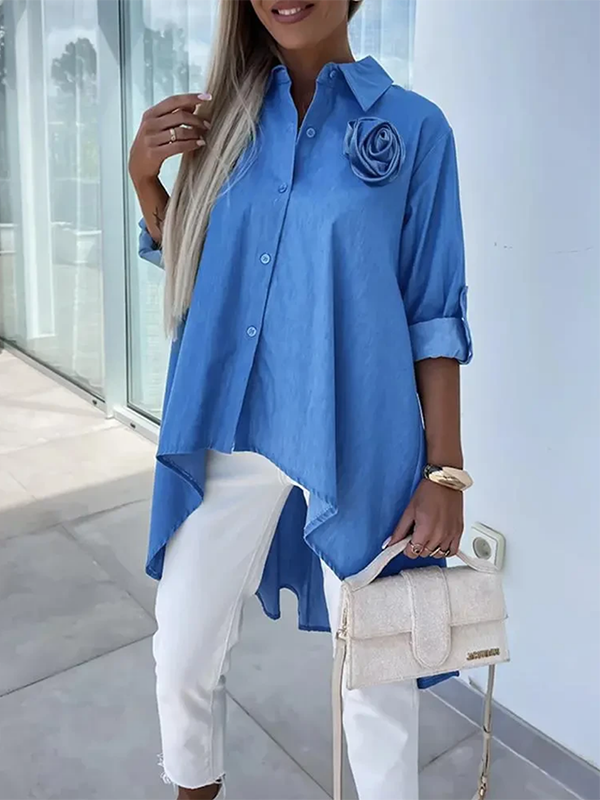 Half Sleeves High-Low Buttoned Pockets Solid Color Lapel Blouses&Shirts Tops
