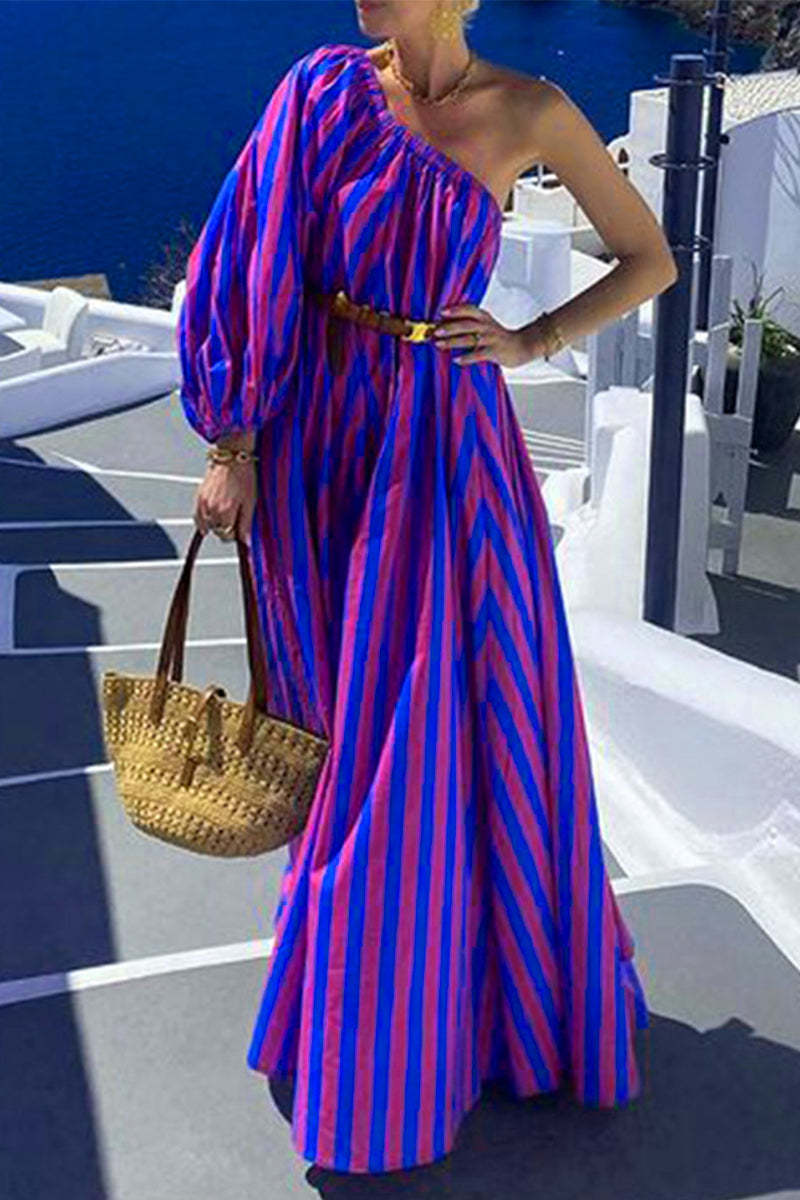 Casual Street Geometric Print Irregular Contrast Sloping Shoulder Irregular Dresses