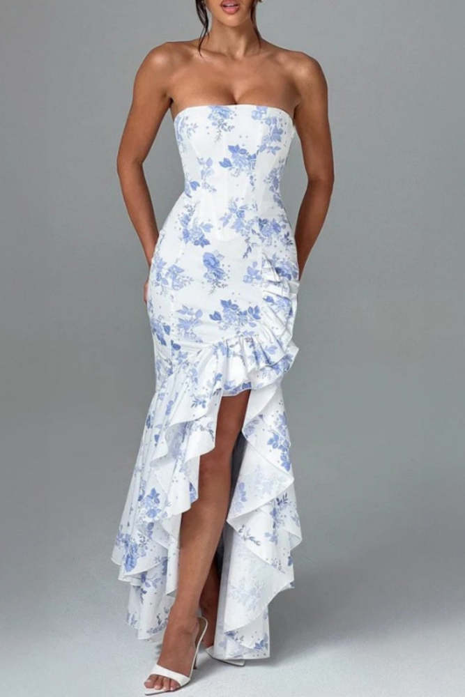 Sexy Print Solid Backless Strapless Irregular Dresses(5 Colors)