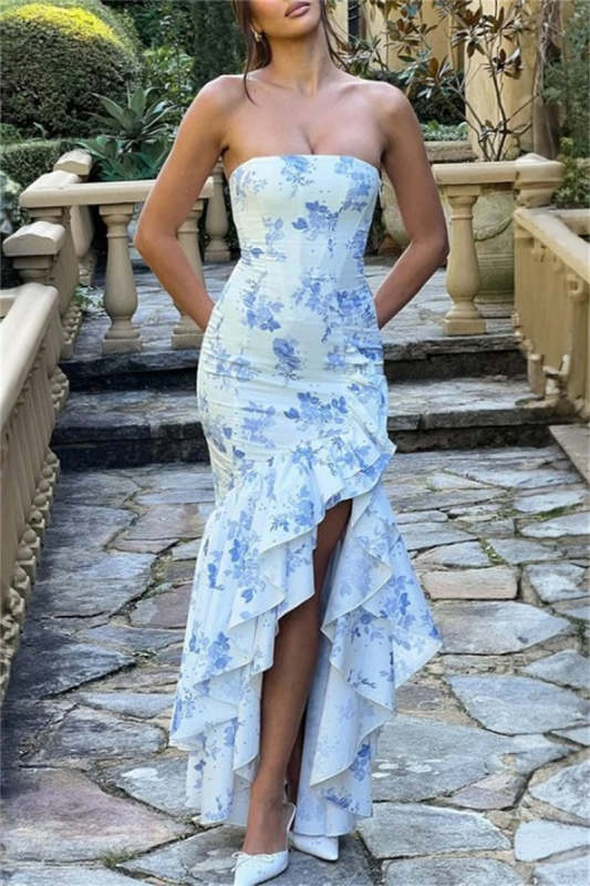 Sexy Print Solid Backless Strapless Irregular Dresses(5 Colors)