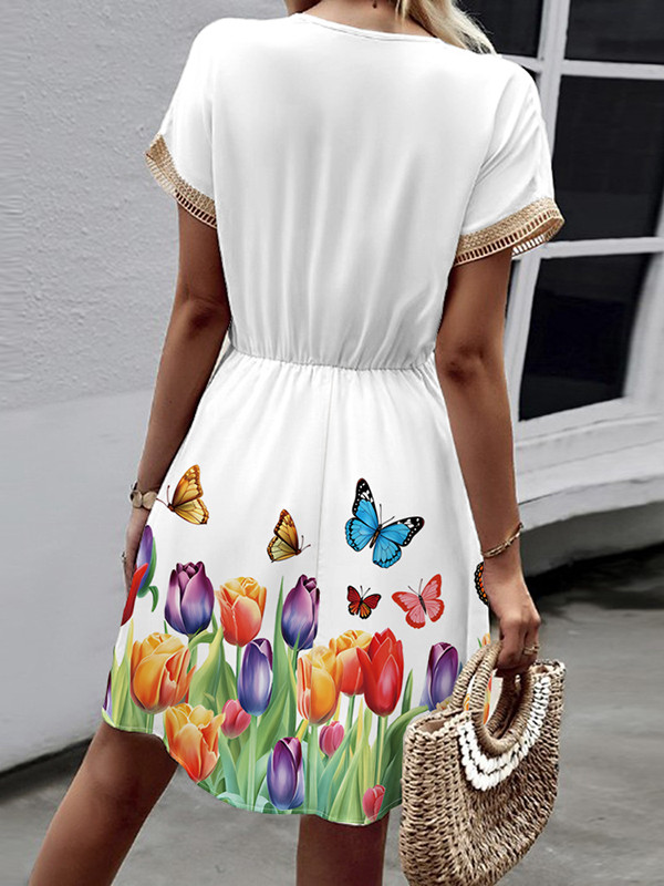 A-Line Loose Butterfly Print Elasticity Hollow Split-Joint Tasseled Tied Waist V-Neck Mini Dresses