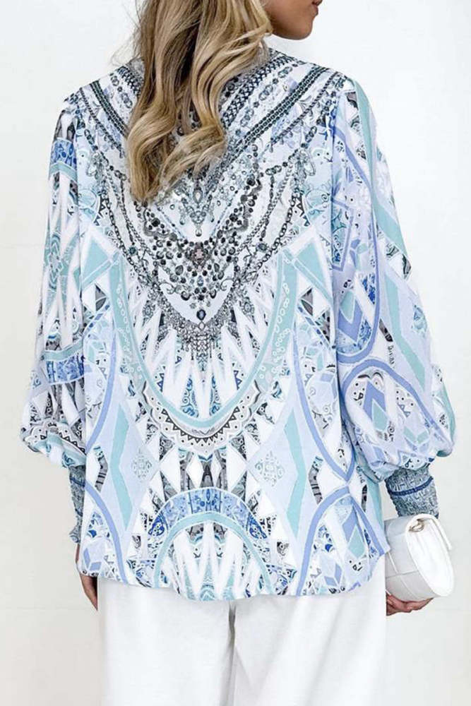 Women’s Retro Lace Panel V-Neck Blouse – Elegant Print Bell Sleeve Top for Spring & Autumn Wear main image 0