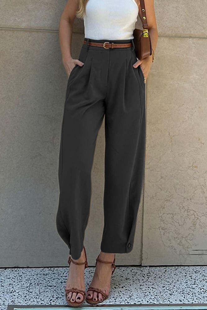 Casual Daily Solid Color Pocket With Belt Loose High Waist Harlan Solid Color Bottoms