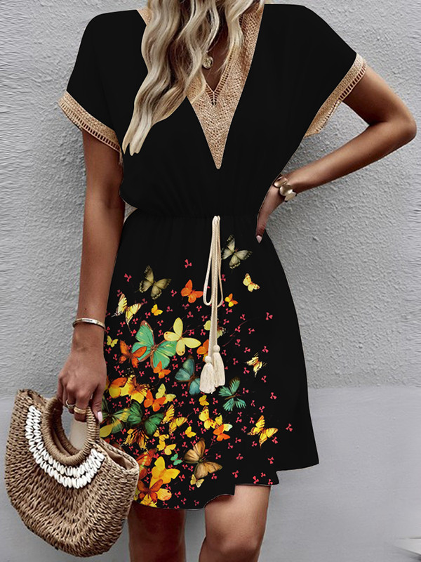 A-Line Loose Butterfly Print Elasticity Hollow Split-Joint Tasseled Tied Waist V-Neck Mini Dresses