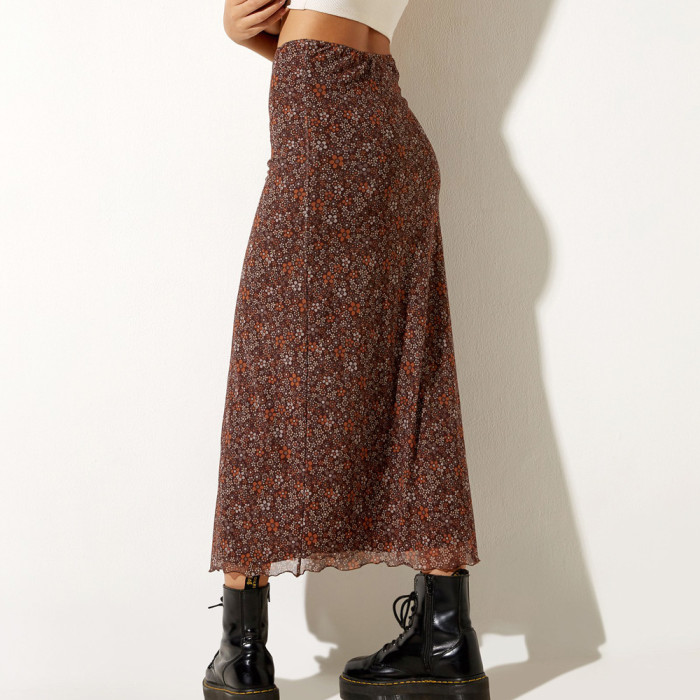Fashion Flower Print Elastic High Waist Hip-wrapped Mesh A-Line Skirt