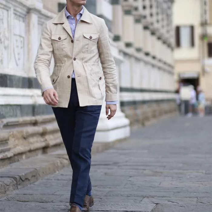 Men's Jacket Linen Vintage Gentleman Suit Pocket Jacket Fashion Solid Color Tops