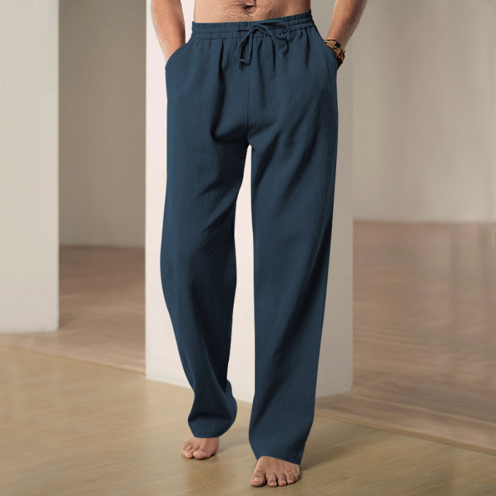 Men's Fashion Cotton Soft Drawstring Elastic Casual Breathable Solid Color Straight Pants