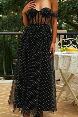 Women's Fashion Black Tube Top Mesh Polka Dot Party Temperament Dress