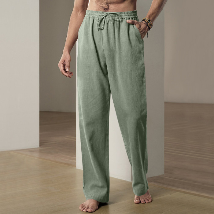 Men's Fashion Cotton Soft Drawstring Elastic Casual Breathable Solid Color Straight Pants