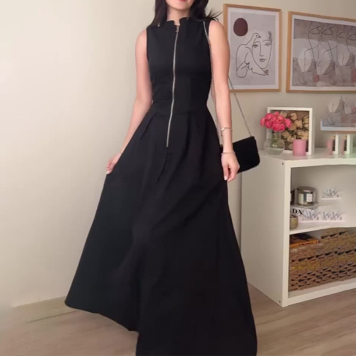 Elegant Solid Color Fashion Stand Collar Zipper Sleeveless Party High Waist Maxi Dress