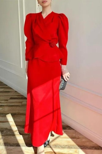 Fashion V-neck Cross Velvet Flower Lace-up Temperament Long Sleeve Lotus Leaf Hem Suit