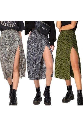 Fashion Sexy High Waist Slit Floral Leopard Print Bohemian Retro Beach Skirt