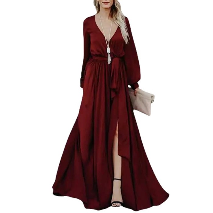 Women's Fashion Sexy Deep V Solid Color Elegant Long Sleeve Dress